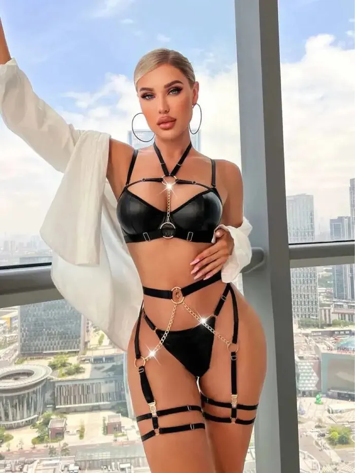 Ellolace Female Sex Toys | 4-Piece Sultry Satin Look Harness Lingerie Set (7 Colors)
